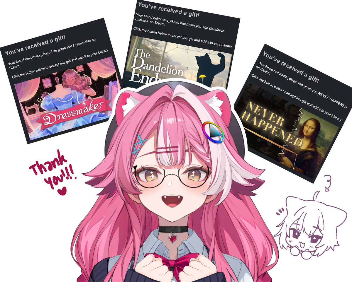 raorapanthera's tweet photo. RAOOOO!! 

Okayu senpai gifted me so many games!!! 
We’re gonna play all of them on stream this week 💗
THANK YOU OKAYUUUUUU!!!! ◝(ᵔᗜᵔ)◜ https://t.co/Gr3fxdHgwc