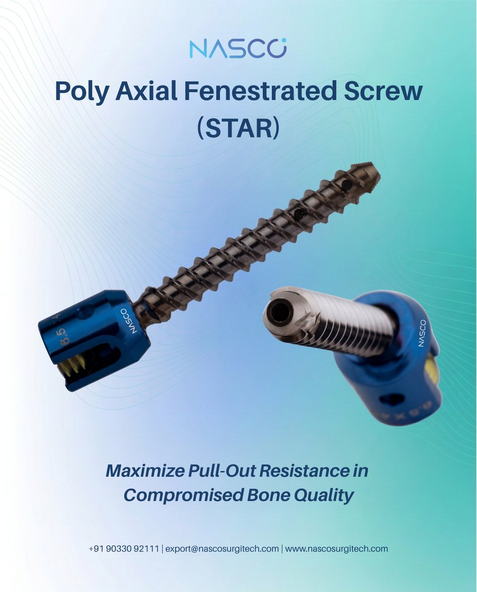 NascoSurgitech's tweet photo. NASCO's Poly Axial Fenestrated Pedicle Screw (STAR) up to 200% higher pull-out strength with targeted PMMA cement augmentation. Built for osteoporotic, trauma &amp; tumor spine cases.

🌐 https://t.co/ki1g6Ki9PK
📩 export@nascosurgitech.com
#SpineSurgery #SpinalImplants #PedicleScrew https://t.co/16rKcnPMsd