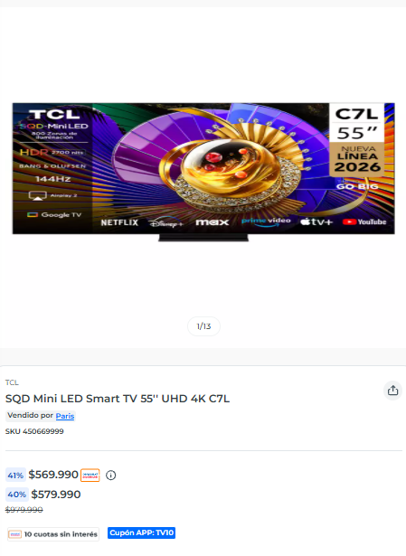MichiOfertasCL's tweet photo. CYBER PARIS: Smart TV 55'' UHD 4K C7L por:
- $512.991 usando tarjeta Cencosud usando cupón TV10. 
- $521.991 con todo medio de pago usando cupón TV10.

Link directo: https://t.co/ipALFDWcy5

#cyberday #oferta #tv #paris https://t.co/NB8wpV5dp6