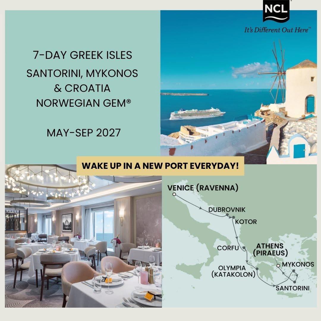 CeciRioja131's tweet photo. Deal of the Week: Secure a 2027 Greek Isles cruise with NCL from £100pp deposit. 7 nights, Norwegian Gem, 6 June 2027
Athens to Venice (Ravenna)
Inside cabin from £1, 019pp
Fly cruise from £1, 500pp

Upgrade to Free at Sea from £249pp. Terms apply. https://t.co/YOTxqsGkLs