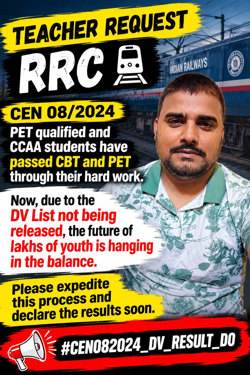 sarkariseva07's tweet photo. RRC / Railway Group D abhyarthiyo ke DV, Medical aur Result ki prakriya ko jaldi poora kiya jaye. CCAA candidates ka bhavishya kharab ho raha hai, unka final score card bhi diya jaye!
​@RailMinIndia @AshwiniVaishnaw @RailwayBoard @PMOIndia
#CEN082024_DV_RESULT_DO https://t.co/wO8MfXKvys