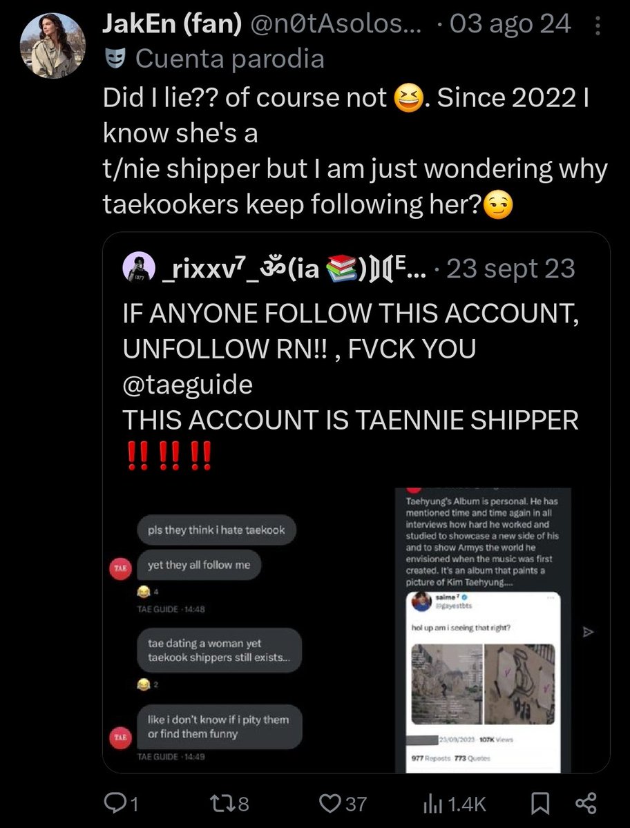 blissmin13_'s tweet photo. "he followed another accidentally years ago" Did he accidentally decide to walk hand in Paris with the same person he had been stalking? Taeguide himself knows Taennie is real and follow the biggest coward. No wonder KTHs are Taekookers 
https://t.co/xYEyO7aNhS https://t.co/0jVyPXwGeN