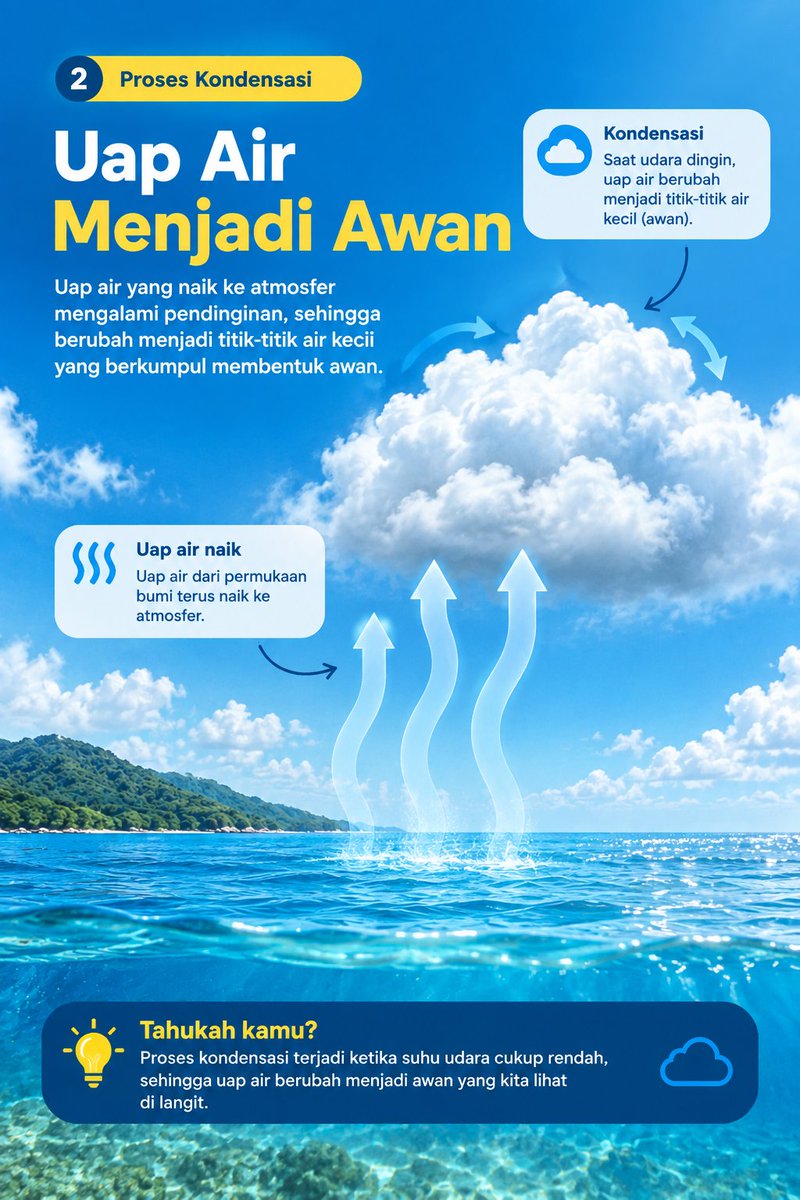 doremiabsurb's tweet photo. Pernah kepikiran nggak… sebenarnya hujan itu “dibuat” dari mana? 🌧️
Ternyata hujan bukan sekadar air yang jatuh dari langit.
Ada perjalanan panjang yang terjadi sebelum satu tetes air sampai ke bumi.
Ini step nya https://t.co/BqxaMX66WM