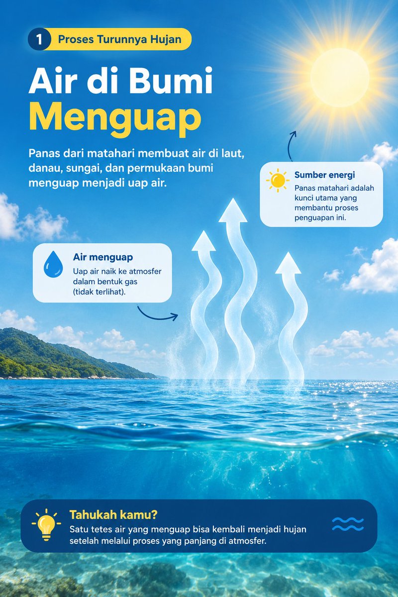 doremiabsurb's tweet photo. Pernah kepikiran nggak… sebenarnya hujan itu “dibuat” dari mana? 🌧️
Ternyata hujan bukan sekadar air yang jatuh dari langit.
Ada perjalanan panjang yang terjadi sebelum satu tetes air sampai ke bumi.
Ini step nya https://t.co/BqxaMX66WM