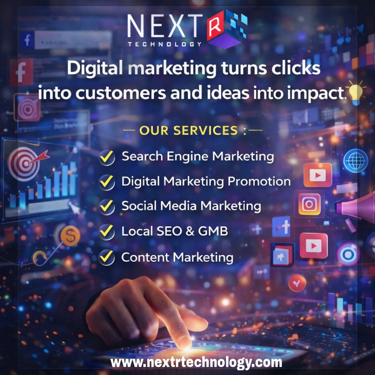 NextrTechnology's tweet photo. 📈 Digital Marketing Services for Business Growth

🔍 Search Engine Optimization (SEO)
📱 Social Media Marketing
🎯 Google &amp; Meta Advertising
✍️ Content Marketing
📊 Analytics &amp; Performance Tracking
🚀 Lead Generation Strategies

🌐 https://t.co/AVOjAq2OiR

#DigitalMarketing #SEO https://t.co/AD82pPBmgL