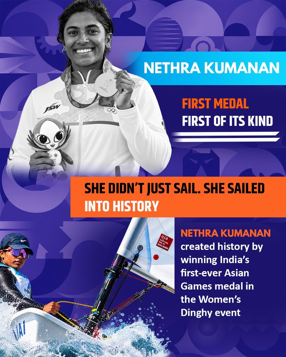 CBCNanded's tweet photo. She didn’t just sail. She sailed straight into history! ⛵Nethra Kumanan had won India’s first-ever Asian Games medal in the Women’s Dinghy event. Historic waters, historic moment! 🇮🇳
#BharatKiChampions
@cbcmhgoa https://t.co/U87QZHtqRv