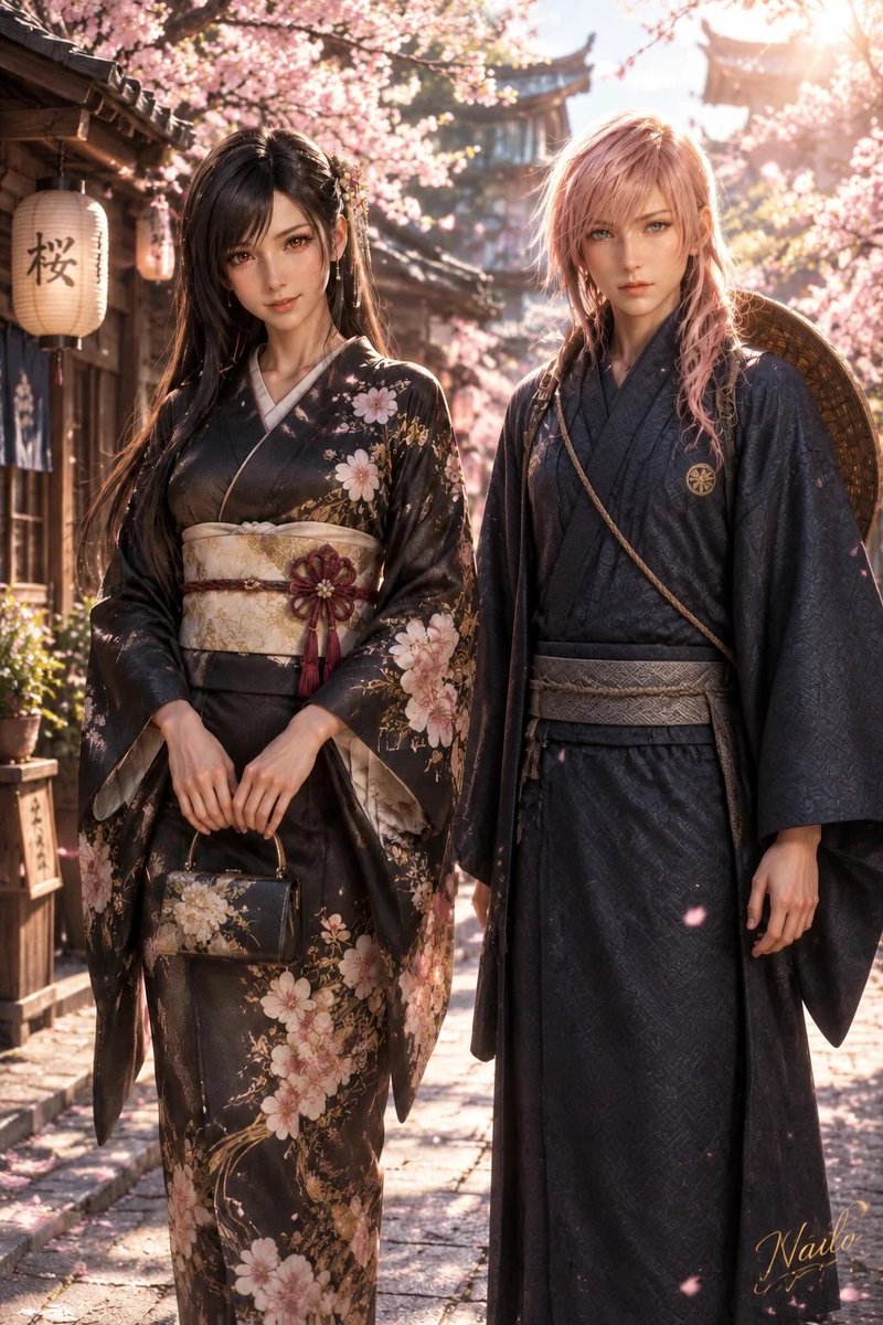 Nailo_90's tweet photo. Sakura season in old Japan 🌸 Tifa &amp; Lightning like you’ve never seen them before!😍🤗

#FinalFantasy #TifaLockhart #LightningFarron #AIart #DigitalArt #Kimono #Japan #AnimeArt #FanArt #Nailo https://t.co/64TGMv78WX