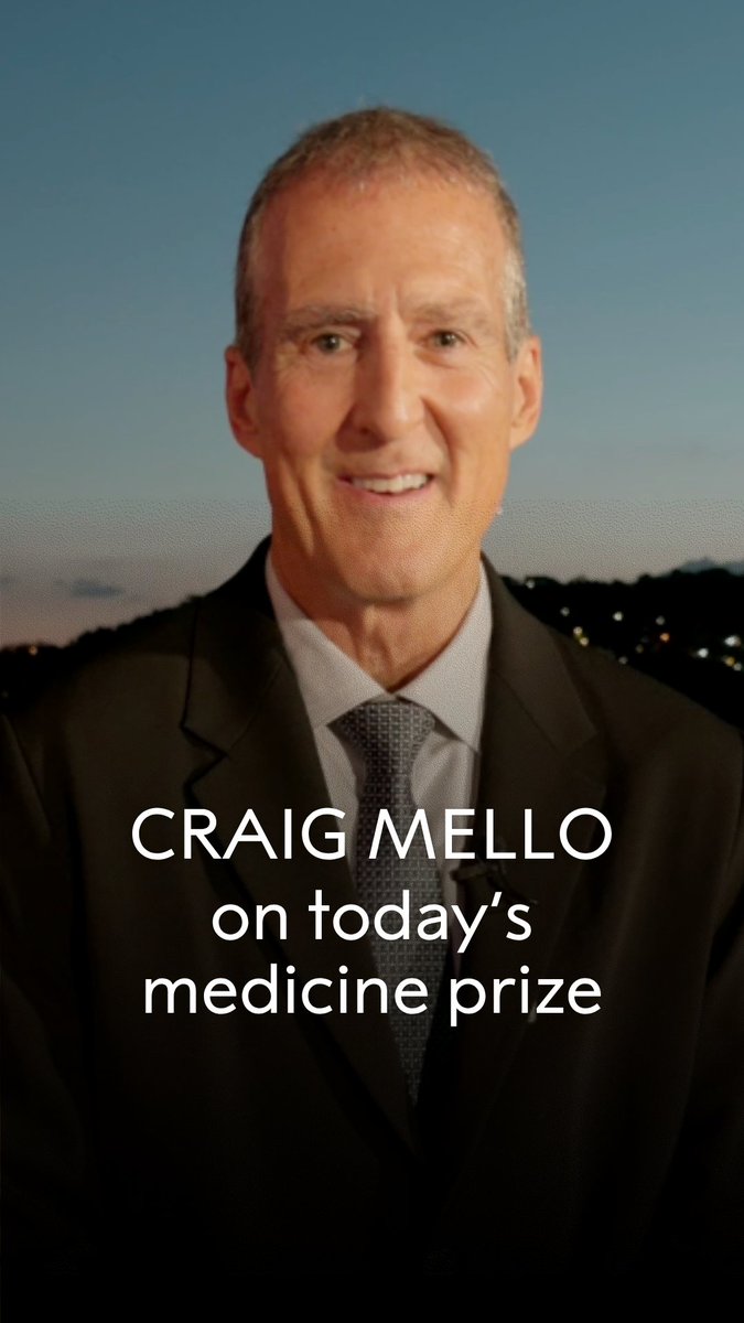 A portrait of a smiling man in a dark suit and tie is shown against a dusk sky, with the caption "CRAIG MELLO on today's medicine prize," teasing commentary from the Nobel laureate ahead of the live-streamed announcement of the 2026 Nobel Prize in Physiology or Medicine on nobelprize.org.