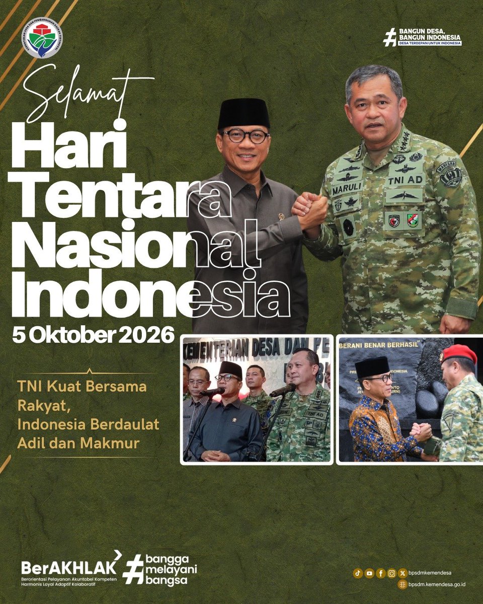 bpsdmkemendesa's tweet photo. 🇮🇩 Selamat Hari TNI 2026!

TNI Kuat Bersama Rakyat, Indonesia Berdaulat, Adil dan Makmur.
Mari terus perkuat sinergi dan gotong royong untuk menjaga keutuhan NKRI serta membangun Indonesia yang aman dan sejahtera.

Dirgahayu TNI! 🇮🇩 https://t.co/cJZOtYcERn