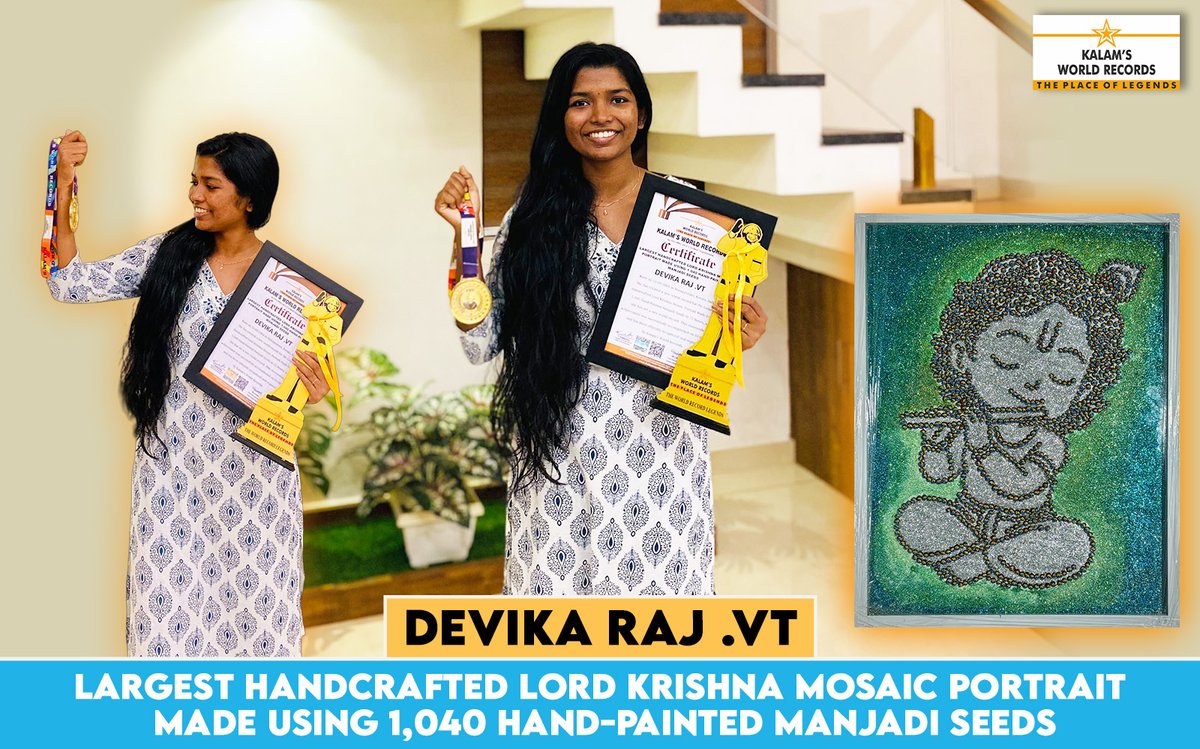 K_B_O_R's tweet photo. Largest Handcrafted Lord Krishna Mosaic Portrait Made Using 1,040 Hand-Painted Manjadi Seeds
👏 Congratulations Devika Raj .VT!
This Outstanding Achievement Has Been Officially Recognized and Registered by Kalam’s World Records.
#lordkrishna #mosaicart #handcraftedart https://t.co/EGL8D3fNCm