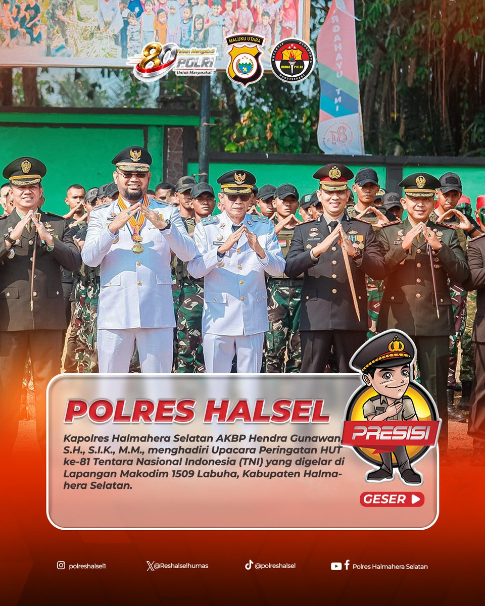 Reshalselhumas's tweet photo. Kapolres Halmahera Selatan AKBP Hendra Gunawan, S.H., S.I.K., M.M., menghadiri Upacara Peringatan HUT ke-81 Tentara Nasional Indonesia (TNI) yang digelar di Lapangan Makodim 1509 Labuha, Kabupaten Halmahera Selatan. https://t.co/Bvd8wIScUl
