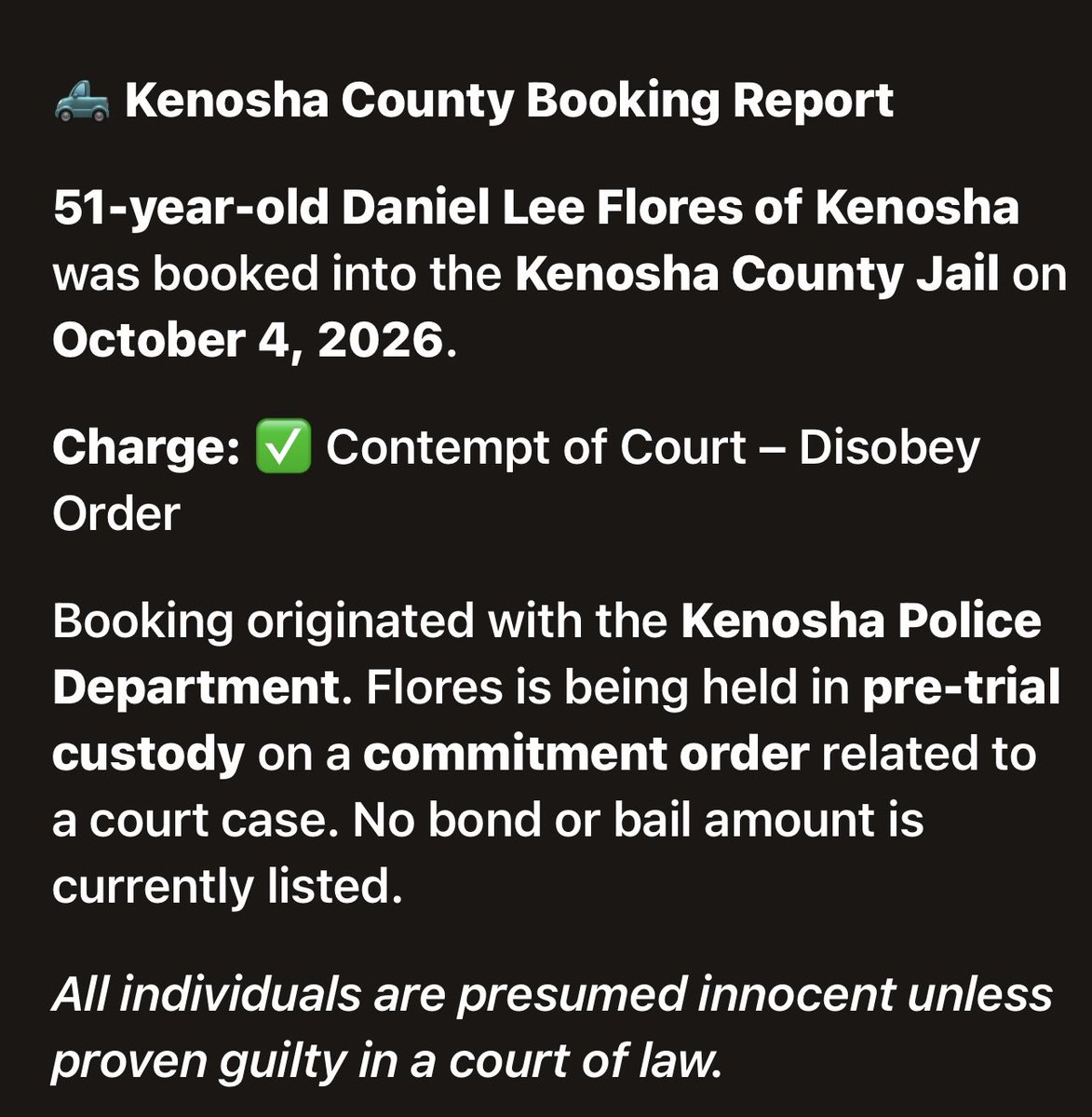 KenoshaRising's tweet photo. FLORES, DANIEL LEE
⭐️✨⭐️✨��️✨⭐️✨

📍 #KenoshaCounty #KenoshaWI 🚔 #JailBooking 📰 #LocalNews ⚖️ #CommunityUpdate

https://t.co/xI6zfFEfFT https://t.co/Oz6Ttja59b
