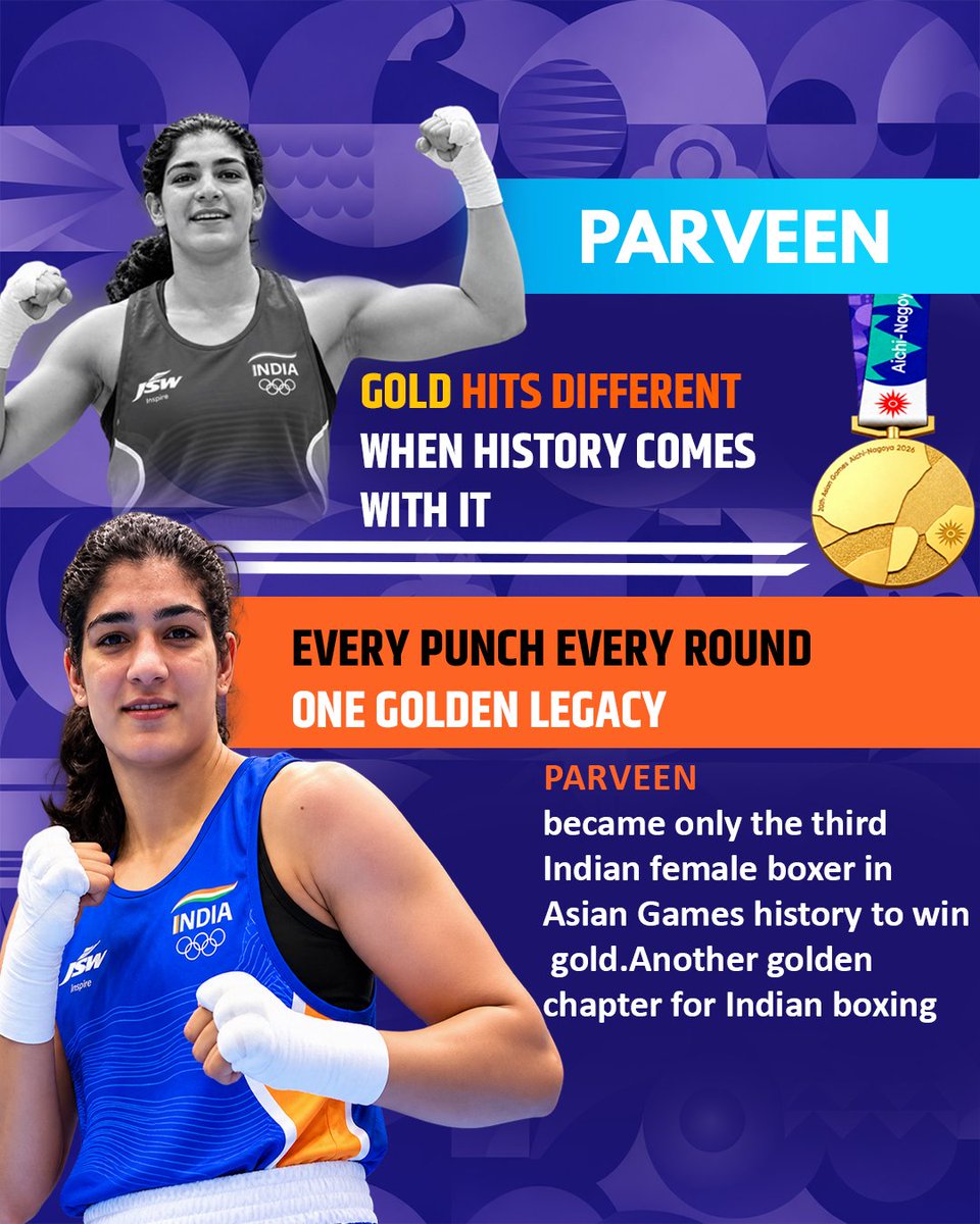 LabourMinistry's tweet photo. Gold looked good on Parveen! 🥇 

She had become only the third Indian female boxer in Asian Games history to win gold. Another BIG win for Indian boxing! 🇮🇳🥊

#BharatKiChampions https://t.co/wJ7hTLfpzw