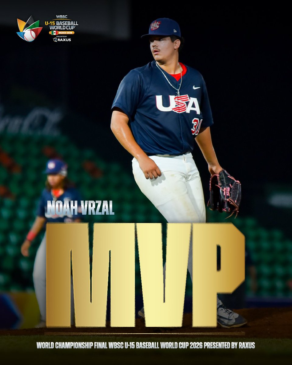 WBSC's tweet photo. 🏅🇺🇸 Congratulations to Noah Vrzal on being named MVP of the World Championship Final! 
WBSC U-15 Baseball World Cup presented by RAXUS
#BaseballWorldCupU15 https://t.co/yGqAgYgtVZ