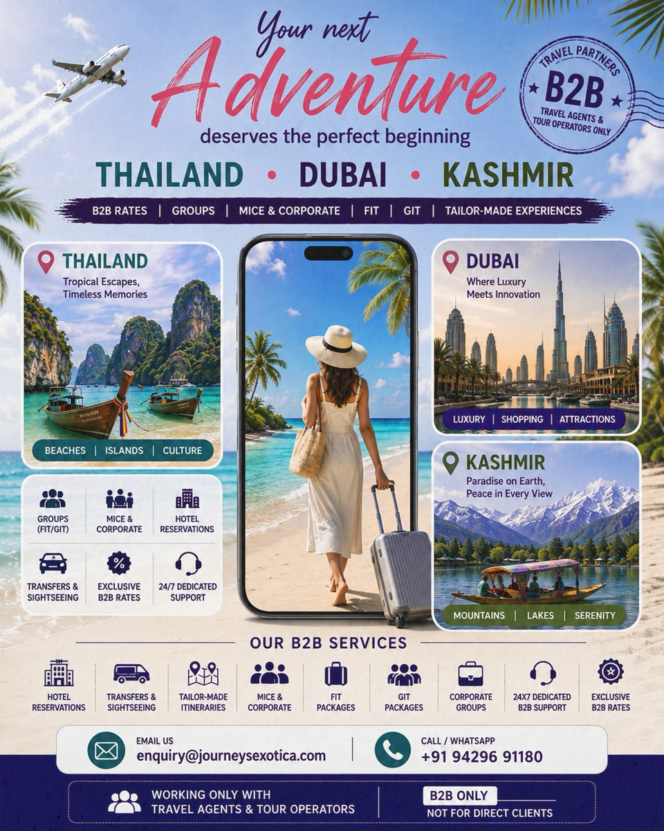 tugkanerden's tweet photo. Your trusted B2B travel partner for Thailand, Dubai and Kashmir. From hotel bookings and transfers to FIT, GIT, MICE and tailored itineraries, we help travel professionals deliver exceptional journeys with confidence. https://t.co/8dVmkr0Wqu