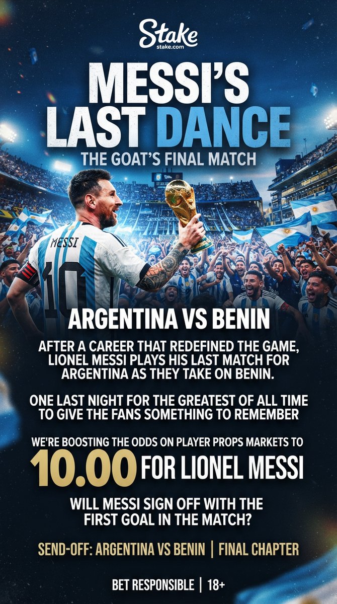 WolfCharmin's tweet photo. The Last Dance. 🇦🇷🐐

After a career that redefined football, Lionel Messi steps onto the pitch for Argentina one final time against Benin. Will he sign off by scoring the first goal?

We’re boosting odds on player props to 10.00 for the GOAT's historic send-off! 👇

Go get your bet slips in Guys Gl ⚽️

🔗 [https://t.co/GvddzB6g97]  #Messi #ArgentinaBenin #Stake