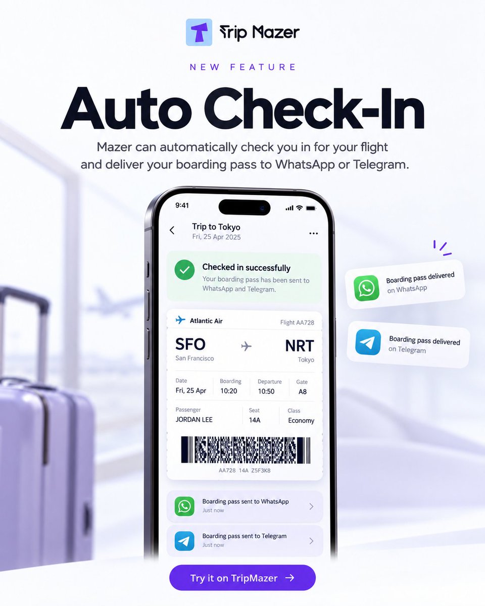 TripMazerAI's tweet photo. We just killed the “set an alarm for flight check-in” ritual.

Mazer can now check you in automatically and send your boarding pass straight to WhatsApp or Telegram.

Live now on TripMazer ✈ https://t.co/E4IQLowWzL