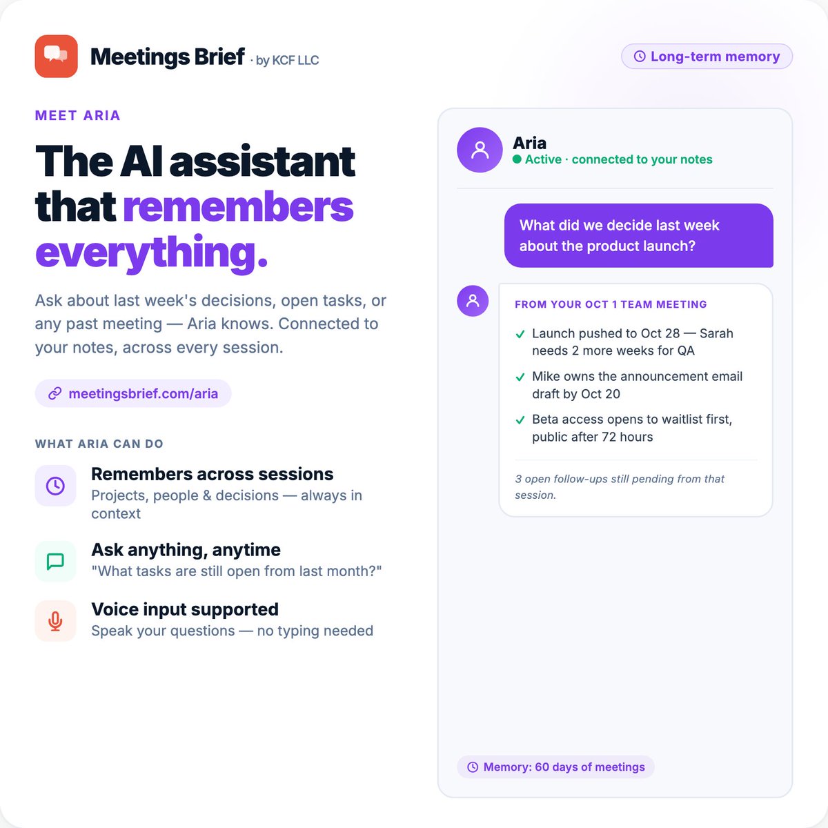 KindnessCFdn's tweet photo. What if your AI assistant actually remembered your meetings? Meet Aria, remembers decisions, tasks & conversations across sessions.
No digging. Just ask.
https://t.co/ncayGhjTL9
#AI #AITools #AIProductivity #MeetingTools #MeetingNotes #TeamProductivity #FutureOfWork #WorkplaceAI https://t.co/oFVF35RE2Z