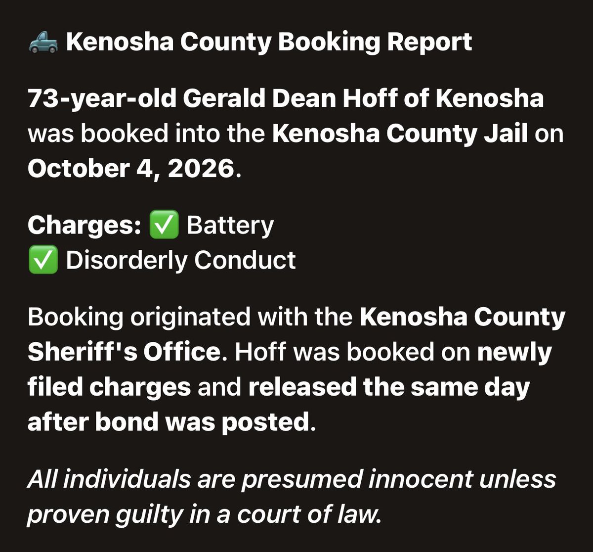 KenoshaRising's tweet photo. HOFF, GERALD DEAN
✨⭐️✨⭐️✨⭐️✨⭐️

📍 #KenoshaCounty #KenoshaWI 🚔 #JailBooking 📰 #LocalNews ⚖️ #CommunityUpdate
👮‍♀️#KenoshaCountySheriff

https://t.co/ZLOm2Q8U5w https://t.co/Y8K7MfobHk