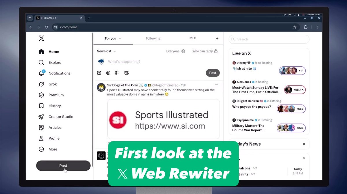 A screenshot of the X (formerly Twitter) web interface shown on a desktop browser, promoting the 'X Web Rewriter' feature with a post about Sports Illustrated's domain name visible in the feed.