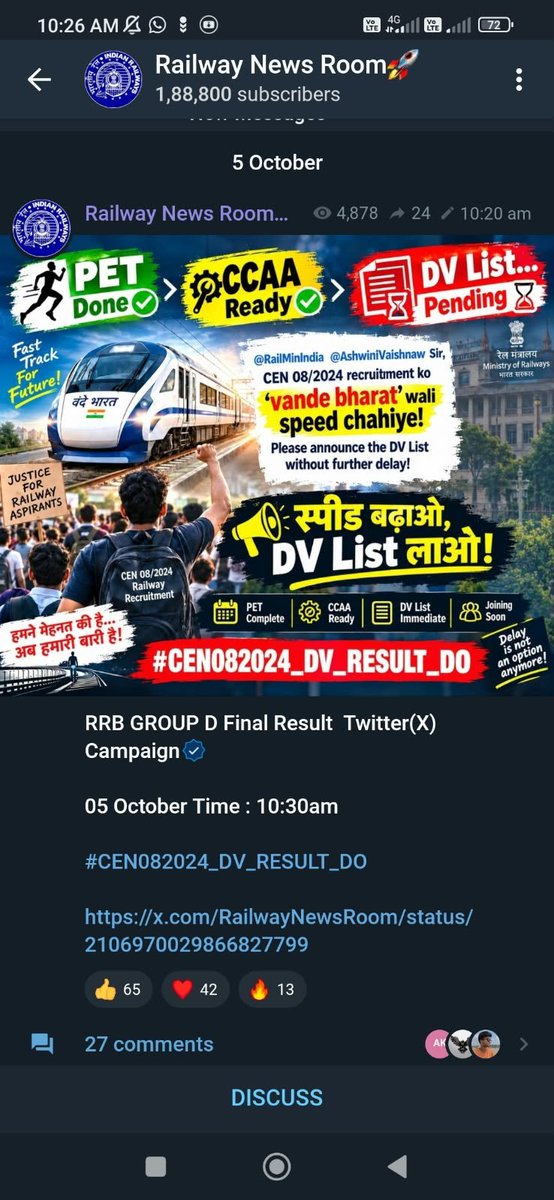 sonuKum14986110's tweet photo. @PMOIndia @RailMinIndia @AshwiniVaishnaw @BJP4India

🚨 RRB GROUP D CEN 08/2024 🚨

PET Qualified + CCAA Candidates की DV List जल्द जारी की जाए।

👉 #CEN082024_DV_RESULT_DO https://t.co/5v73n7Nug7