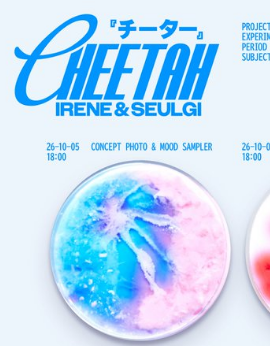 A promotional graphic for "CHEETAH" by IRENE & SEULGI, displaying the text "CONCEPT PHOTO & MOOD SAMPLER", "26-10-05 19:00", "26-10-... 18:00", and Japanese katakana "チーター".