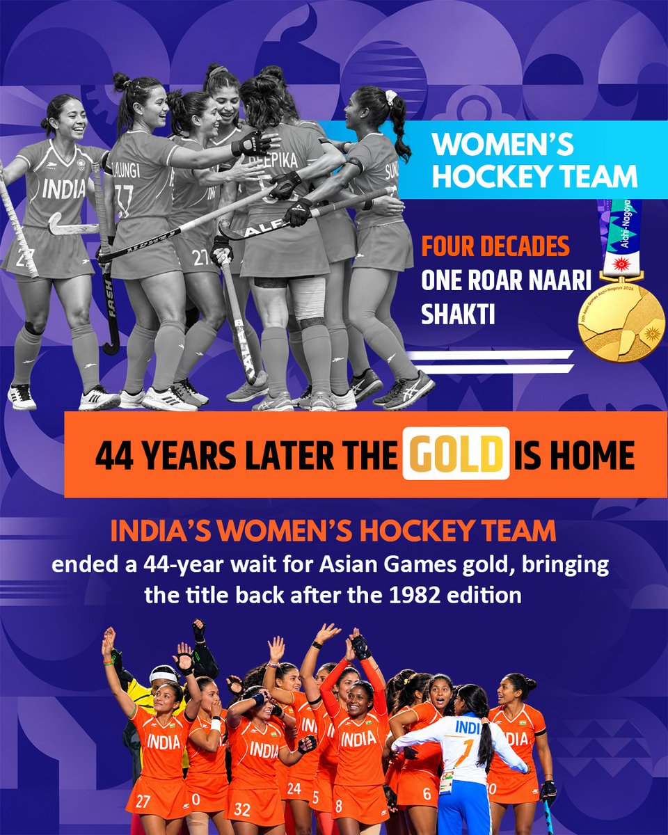 MYBharatHQ's tweet photo. 44 YEARS. ONE GOLD. ONE UNFORGETTABLE ROAR!

India’s women’s hockey team had ended the long wait and brought Asian Games gold home. Naari Shakti had spoken! 🥇🏑🇮🇳

#BharatKiChampions #MYBharat https://t.co/0bfDJhWekH