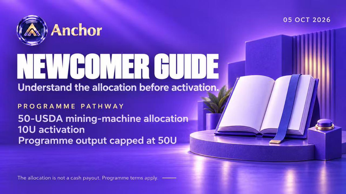 GoldchainWeb3's tweet photo. Anchor's newcomer pathway sets out a 50-USDA mining-machine allocation, 10U activation and an output cap of 50U.

The allocation is not a cash payout. Review the full programme terms before activating.

#Anchor #Community https://t.co/nmcdUgfd7f