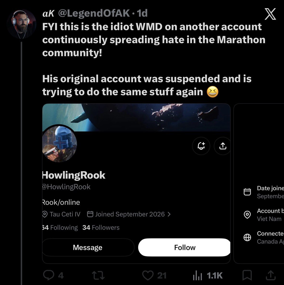 HowlingRook's tweet photo. this dude will defend troons and freaks who play Marathon with every ounce of energy possible just to peak 3 viewers on his streams. You are a clown. @LegendOfAK 🤡 https://t.co/X2vbcNxkFk