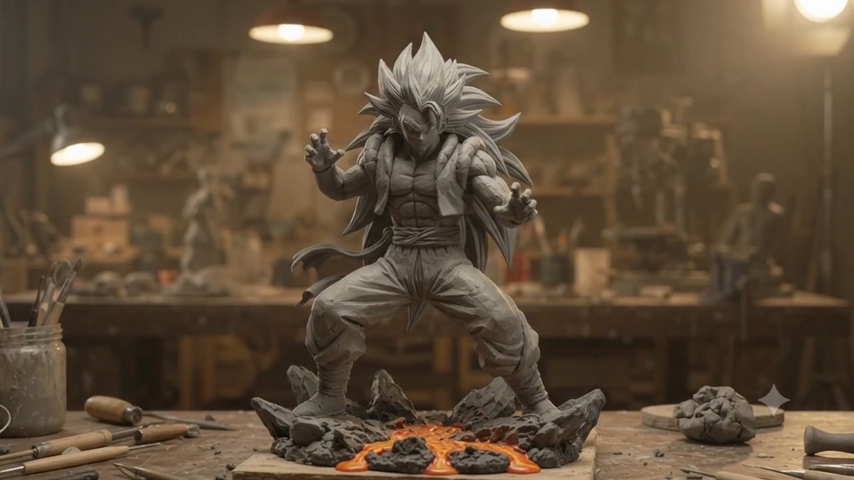 An unpainted gray clay sculpture of a Super Saiyan 5-style anime character stands in a powerful pose on a rocky base with orange lava details, displayed in an artist's workshop surrounded by sculpting tools.