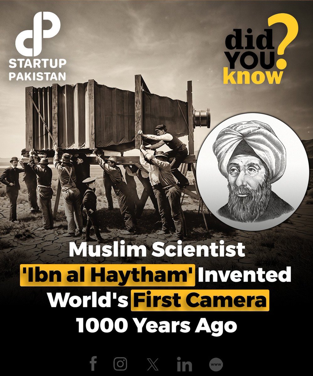 PakStartup's tweet photo. Born in 965 CE, Ibn al-Haytham, known as Alhazen, is considered by many to be one of the world’s earliest scientists. His pioneering work helped shape the scientific method through observation, experiments and mathematical reasoning.

His groundbreaking studies of light and vision led to his famous work on the camera obscura — a dark room or box with a small opening that projects an image. This principle became an important foundation for modern photography and cameras.

More than 200 scientific works are attributed to Ibn al-Haytham, covering optics, physics, mathematics, astronomy and medicine. His legacy continues to influence science and technology today. 

Disclaimer: This post is for informational purposes only and is based on publicly available reports. The image is AI generated and is just for reference.

#IbnAlHaytham #Alhazen #Science #CameraObscura #HistoryOfScience #Innovation #Optics #Technology