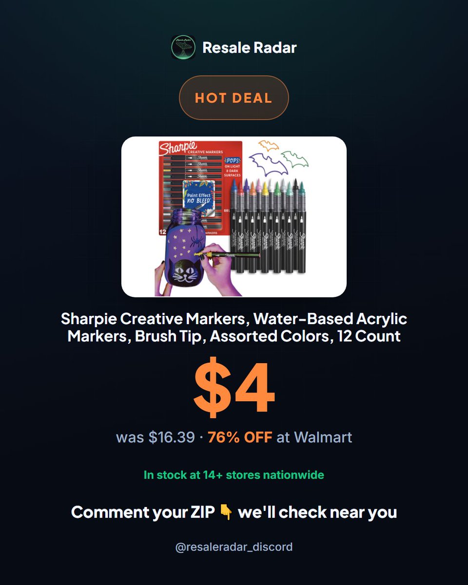 ResaleRadar8's tweet photo. Sharpie markers 76% off at Walmart ($4 from $16.39). 12-count acrylic brush tip. Clearance at 14 locations, moving fast. Act now. #ResaleRadar

Go now. Link in bio. #clearance #deals https://t.co/ZvEYqjESW5