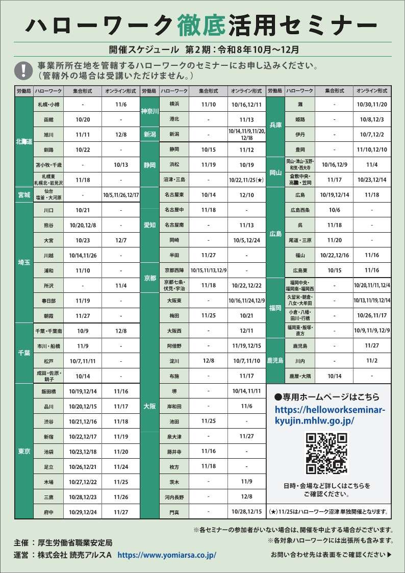 MHLWitter's tweet photo. 【採用担当者の皆さまへ】
10月～12月開催の求人者支援セミナーの申し込み受け付け中！

採用を成功させるため、求人票作成のコツやハローワーク活用法を学べる無料セミナーを開催しています。オンラインでも受講できます。

■詳細はこちら
https://t.co/HKfgfEapL4 https://t.co/39Ipa0H0wN