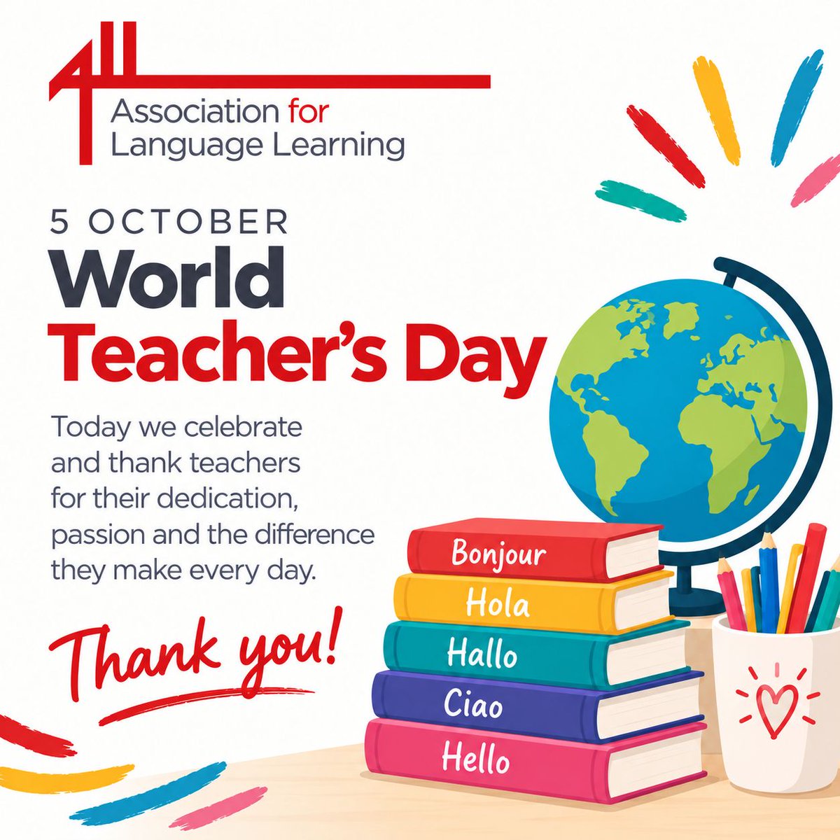 ALL4language's tweet photo. 📚 World Teachers’ Day – 5 October! 🌍💙

Today we celebrate teachers and the incredible contribution they make to education, languages, cultures and communities.

To all language teachers: thank you for the difference you make every day! ❤️

#WorldTeachersDay #MFL #ALLLanguages https://t.co/Y3QKFdy0q8