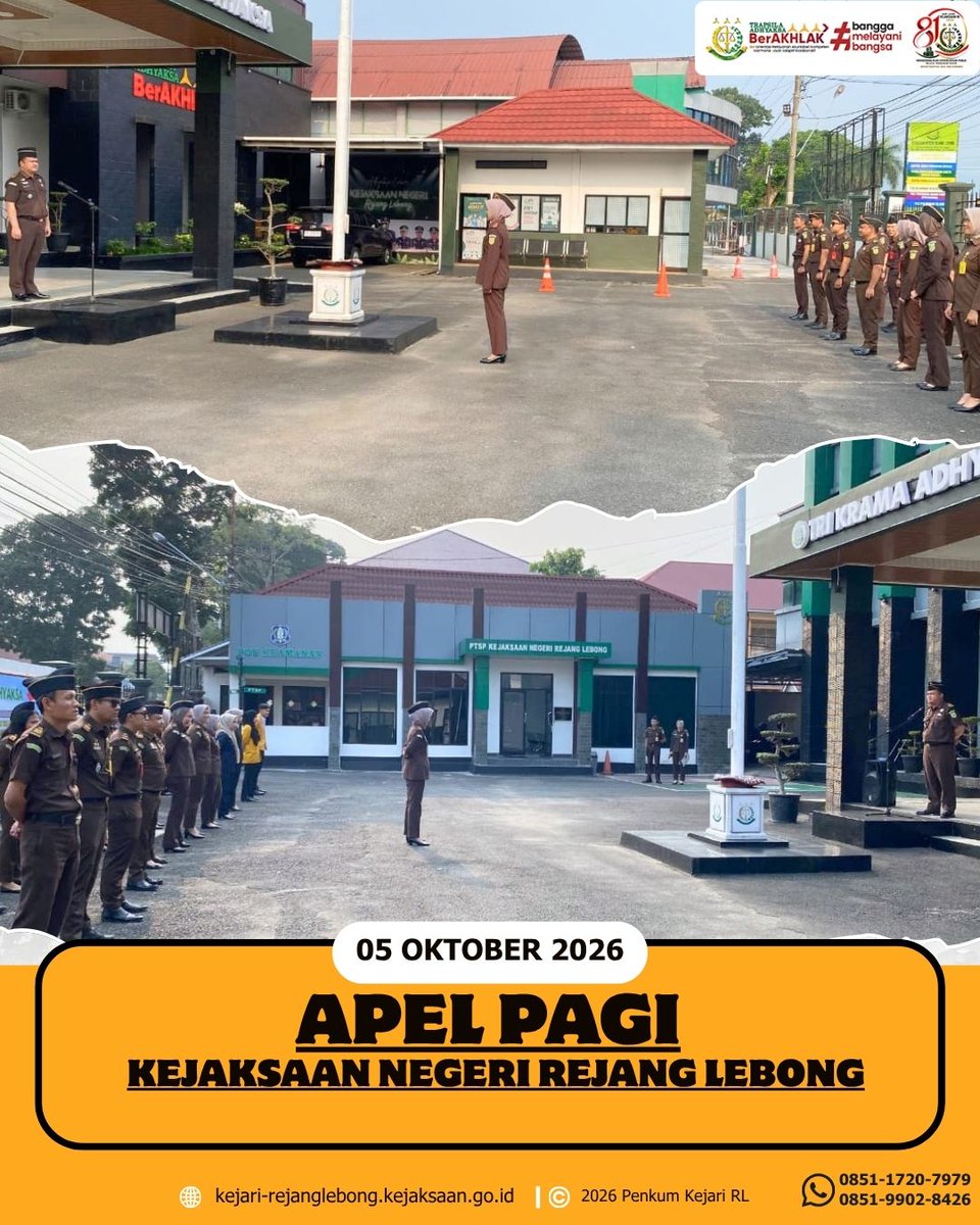 kejariRL's tweet photo. Senin, 05 Oktober 2026.
Kejaksaan Negeri Rejang Lebong melaksanakan kegiatan apel pagi yang diikuti oleh seluruh pegawai.
Kegiatan ini menjadi wujud kedisiplinan dan semangat kebersamaan dalam melaksanakan tugas serta memberikan pelayanan terbaik kepada masyarakat. https://t.co/rjh75jrLqm