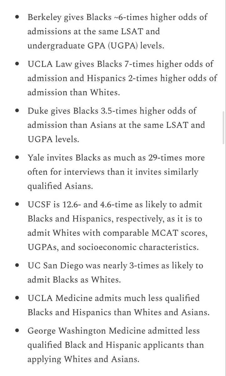 OmarSHaqueMDPhD's tweet photo. “It’s clear now that the universities cannot be trusted. The documentation from the universities themselves indicates beyond any reasonable doubt that they have continued engaging in racial discrimination. In several cases, they’ve been caught planning to do so, admitting to were doing so, hinting at it, and so on. In each case, it’s clear: making racial discrimination illegal was insufficient. We must go further.
Universities must be compelled to affirmatively justify their admissions decisions. They need to publicly provide the data and the model used to select students, and they need to tell us how it works—explicitly—and then show us—verifiably—that they used only the information provided on students’ applications, without proxying race. If they find that to be a too great a burden, then we only have one course of action: defund them. Ban their researchers from grants, ban their students from public loans, take away their tax benefits and accreditations and confiscate their endowments until they become compliant or voluntarily cut themselves off from the public teat. The universities will only learn if it hurts.”