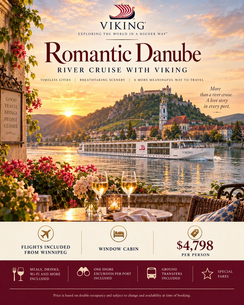 vanessajuca's tweet photo. Romantic Danube with Viking, July 23, 2027. Sail Budapest to Regensburg aboard Viking Tor. Window cabin, Winnipeg flights, meals, drinks, Wi-Fi, excursions and transfers included. From $4, 798 pp, double occupancy. https://t.co/W3i6ZK5na9