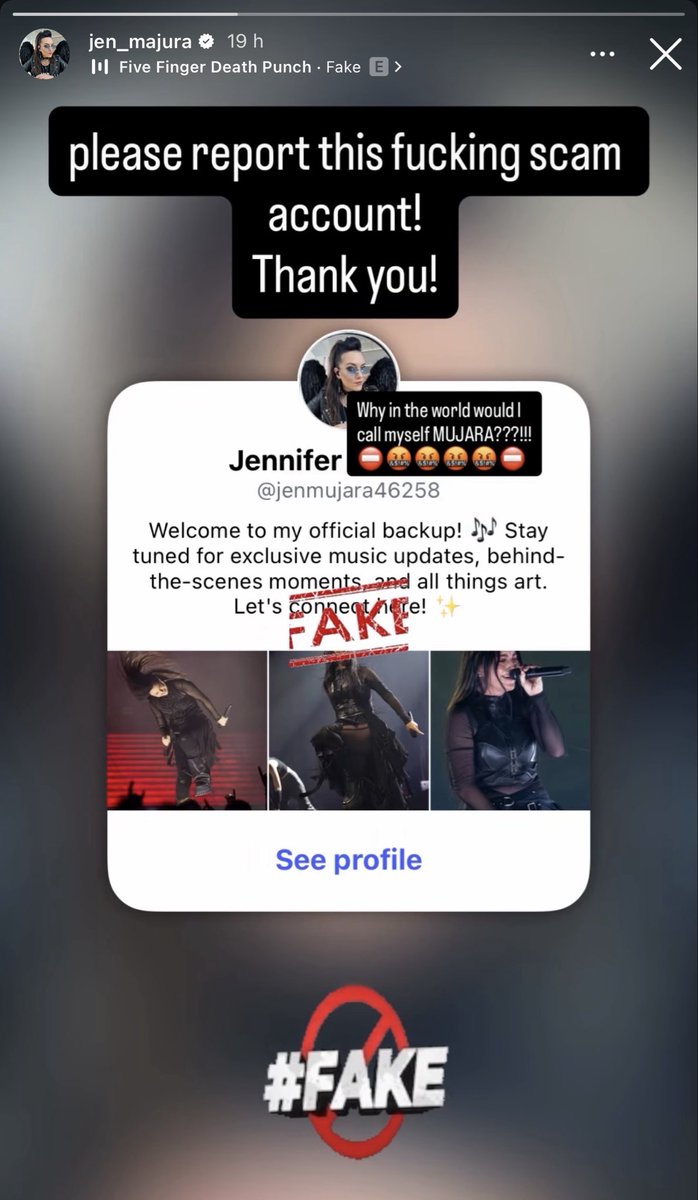 AmyLeeEVCrave's tweet photo. Former Evanescence guitar player Jen Mujara is NOT playing around with this fake account 😭 

She took to her Instagram Story to call out the impersonator. She seems to be pissed since this person is sharing Amy Lee pictures. 👀 https://t.co/nErIc2f9KG