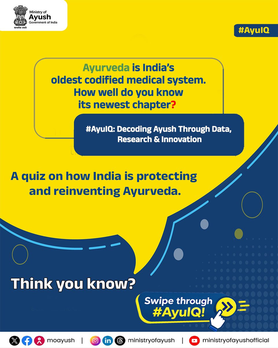 moayush's tweet photo. From Roots to Rights: How well do you know Ayurveda’s evolving journey?
The #AyuIQ series puts your knowledge to the test, exploring how India is advancing and protecting Ayurveda through research, innovation, and intellectual property.
Here’s your first question: Ayush patent applications rose from 63 in 2014–15 to how many in 2025–26?
Comment your answer below👇 

#AyuIQ #Ayurveda #Ayush #AyurvedaResearch #TraditionalKnowledge #Innovation #IntellectualProperty #MinistryOfAyush

@PMOIndia | @narendramodi | @mpprataprao | @secymoayush | @PIBIndia | @PIBAYUSH | @DDNewslive | @sansad_tv | @AIRNewsHindi I @mygovindia |