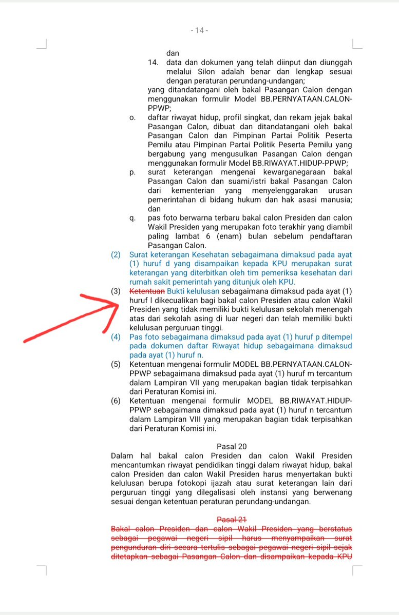 HadarNG's tweet photo. Pasal 18 ayat (3) PKPU 19/23, pasal istimewa yg khusus dperuntukan calon presiden/ wk presiden yg tdk punya bukti klulusan sekolah asing mnengah atas/ setara, baru muncul pd dok draf praturan dlm proses Harmonisasi di Kemenkumham. Letak pengaturan spesial ini pd Pasal 19 ayat (3) https://t.co/w5TiFVfDEH