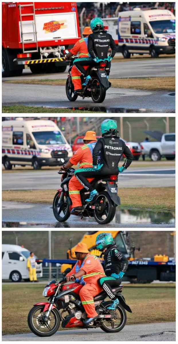 Holy_Molygr1's tweet photo. My heart breaks💔The staff member who gave George a ride back to the pits yesterday was interviewed about what happened.

He said that when he went over to George, he told him, “It’s okay, bro. You can do better next time.” George just kept his head down. Even after he got on the bike, he was still sitting there with his head hanging, so the staff member thought he should take the long way back, give George a bit more time to calm down and cool off, and ride slowly back to the rear of the pits.
When asked whether George had held onto his waist, he said no. He said George just looked completely drained, like he was trying to hold himself together and hold back tears, and didn’t even seem to know what to do with his hands.

Huge respect to this staff member. The kindness of a complete stranger showed George more care than some people in his own team did.