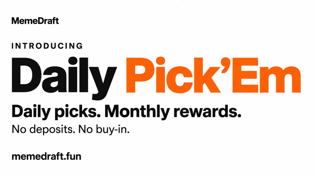 MemeDraftx's tweet photo. Introducing Daily Pick'Em🏆

Every month the top callers on the Daily Pick'em leaderboard split real rewards. 

Today's two coins are already up. What's your call? 👇

https://t.co/OFOQ59VNlG https://t.co/KTRcSYqJYT