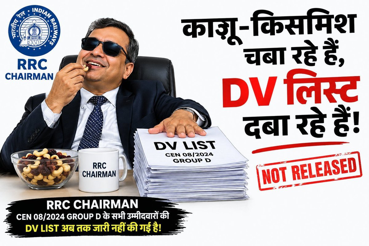 ArvindMarmat's tweet photo. CEN08/2024 railway group d
👤 Release DV list 
👤 Schedule medical dates ,
👤 Issue Final joining timeline 
@Central_Railway
@RailMinIndia
@AshwiniVaishnaw
@drmmumbaicr 
@GM_CRly 
 @RahulGandhi
@RYPofficial
@abhinaymaths
@Skjhaaofficial
#CEN082024_DV_RESULT_DO https://t.co/wQkBoV4oL7