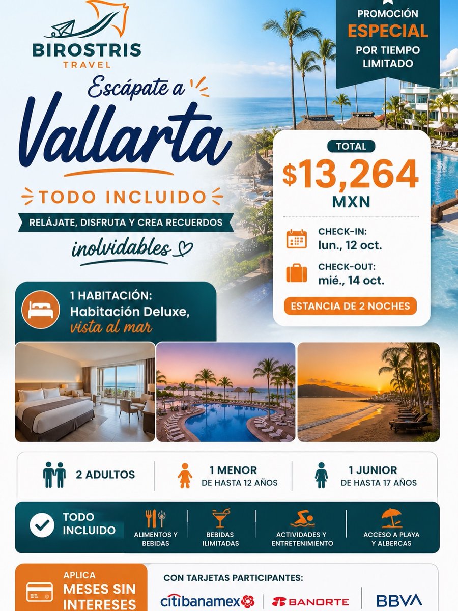 RenatoEl23's tweet photo. Escapada a Puerto Vallarta para 4 por $13, 264 MXN. Todo incluido, 2 noches y habitación Deluxe con vista al mar. Del 12 al 14 de octubre de 2026. Precio sujeto a disponibilidad al reservar. https://t.co/XCv4SK6mEM
