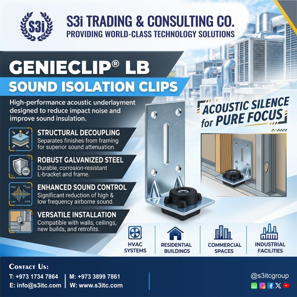 s3itcgroup's tweet photo. 🔇 GenieClip® LB 

Precision‑engineered by Pliteq®, the GenieClip LB delivers exceptional sound and vibration isolation for walls, ceilings, and suspended assemblies.

🌍 Distributed by S3i Trading &amp; Consulting Co.  
👉 Visit https://t.co/prx4rLiFck or email info@s3itc.com. https://t.co/sw7QS2fLoi