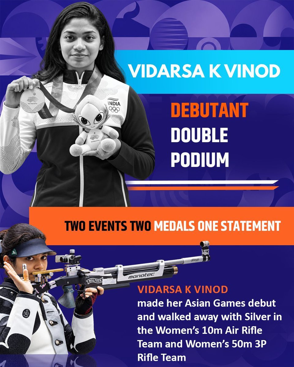 CBCNanded's tweet photo. One debut. TWO silver medals.

Vidarsa K Vinod had made her Asian Games arrival impossible to forget. Double podium, double pride! 🥈🥈🇮🇳

#BharatKiChampions https://t.co/SPekQLaf3t