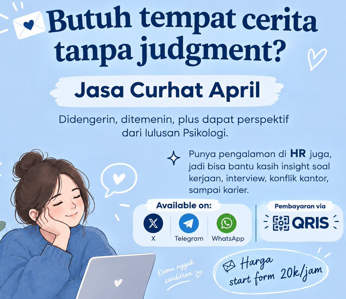 Rossavelle__'s tweet photo. isi kepala lagi rame?
sini, spill aja💌

Jasa Curhat April/ Peer Support
🫂no judgment
🧑🏻‍🎓perspektif lulusan Psikologi
🔒trusted
other information cek my pinned ya📌 #jasacurhat #zonauang #bealanja https://t.co/hwa7CFFtjh