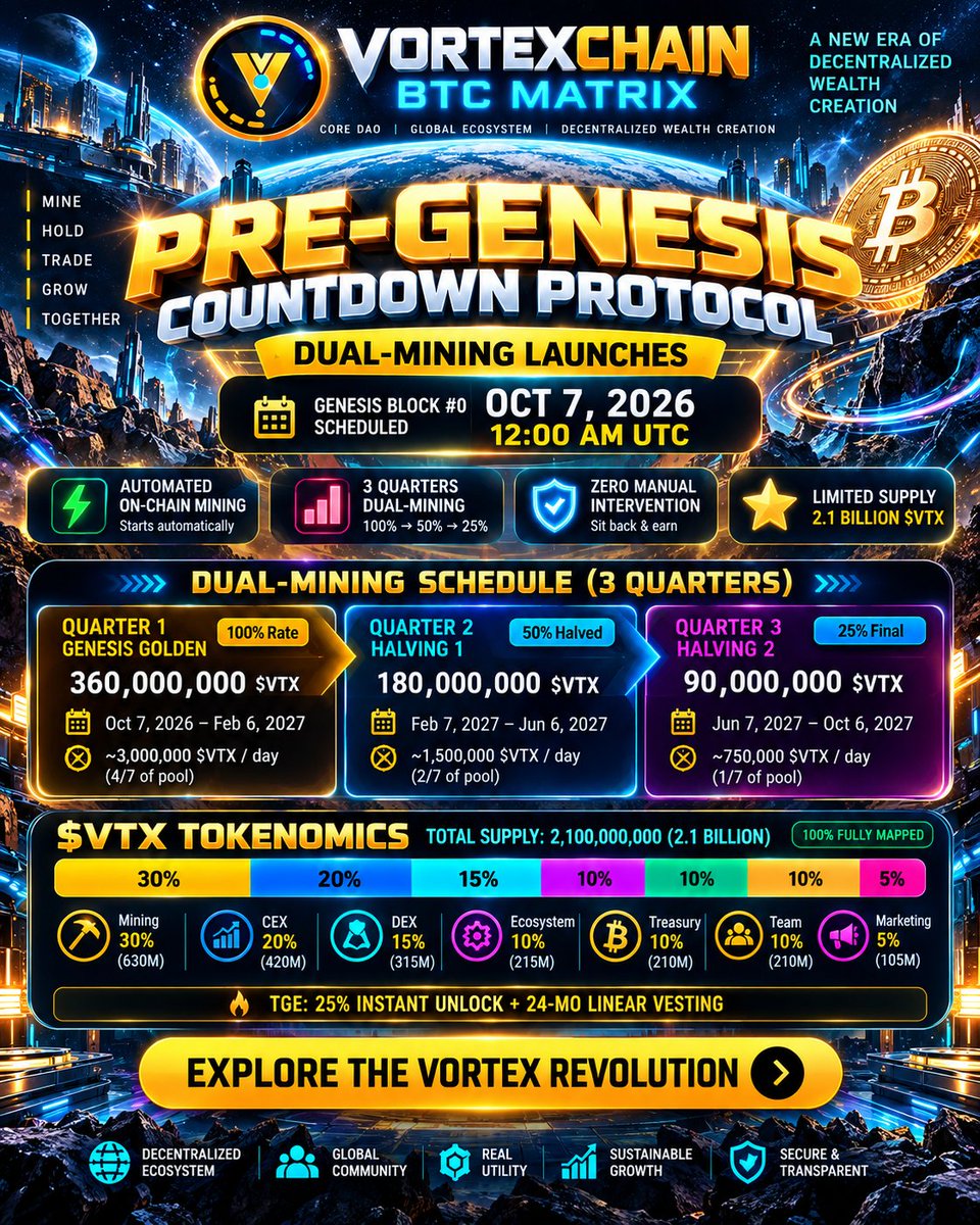 VortexChainBTC's tweet photo. 🚀 VortexChain ₿ Matrix is entering its Pre-Genesis phase! 🚀 

⛏️ Dual-Mining launches Oct 7, 2026, featuring a 3-quarter 100% → 50% → 25% schedule. 

💥 Explore ecosystem👇🏻 

🔗  "https://t.co/dbPVd4FgZm⁠" 

#VortexChain #CryptoMining #VortexChainBTCMatrix #VTX  #Tokenomics https://t.co/che5cBG5p2