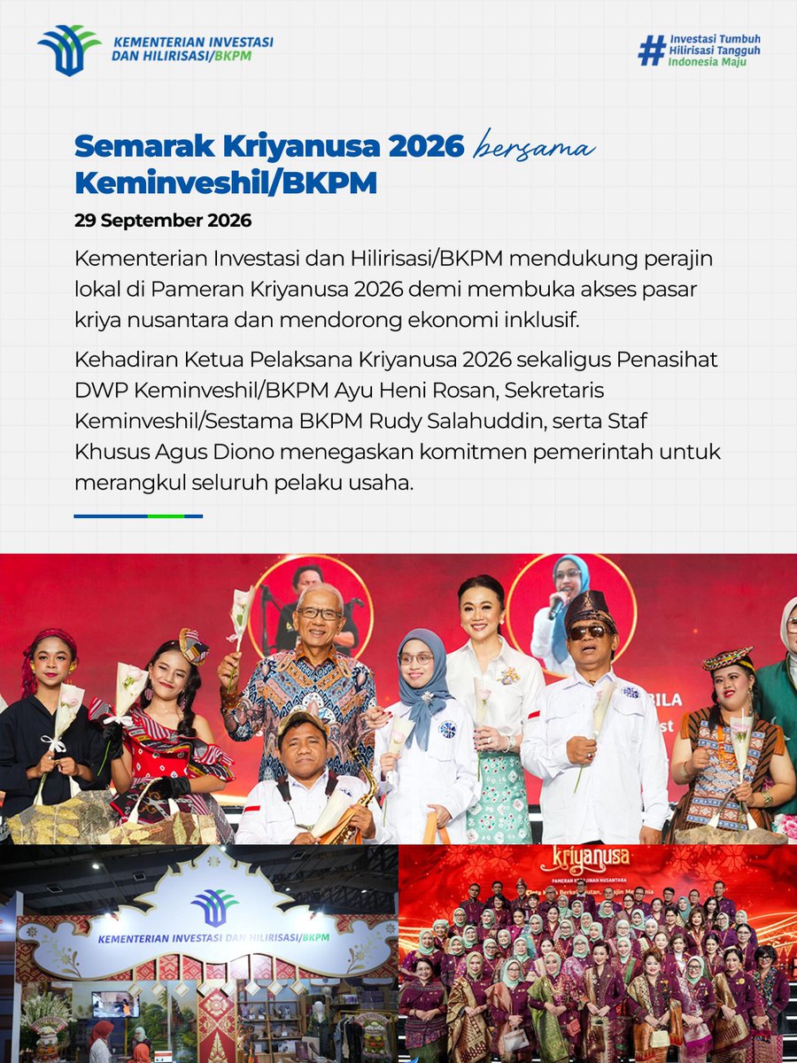 bkpm's tweet photo. Keminveshil/BKPM sukses mendukung UMKM inklusif &amp; pelaku usaha disabilitas di Pameran Kriyanusa 2026!

**

Ministry of Investment and Downstream Industry/BKPM successfully supported inclusive MSMEs &amp; disabled entrepreneurs at Kriyanusa 2026! https://t.co/vmpUvT3mE0