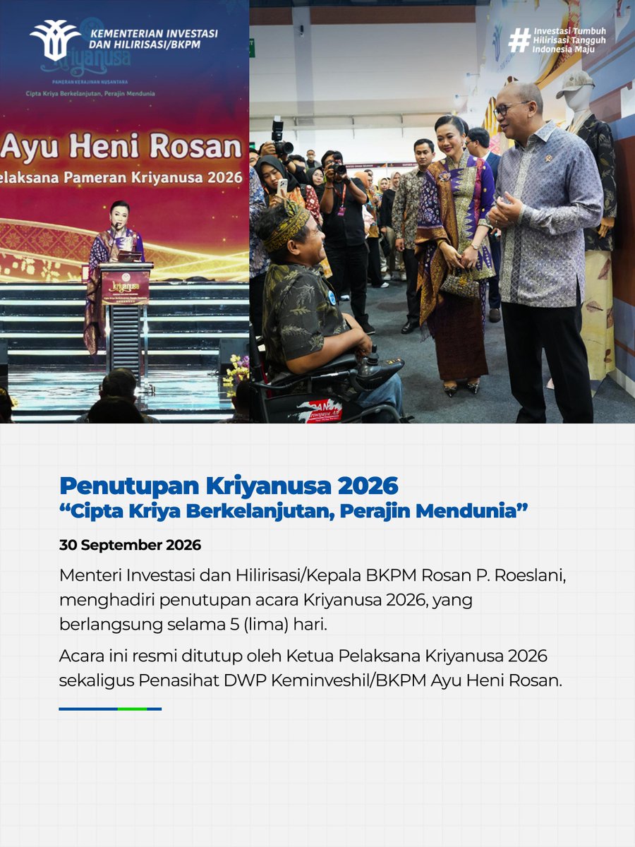 bkpm's tweet photo. Keminveshil/BKPM sukses mendukung UMKM inklusif &amp; pelaku usaha disabilitas di Pameran Kriyanusa 2026!

**

Ministry of Investment and Downstream Industry/BKPM successfully supported inclusive MSMEs &amp; disabled entrepreneurs at Kriyanusa 2026! https://t.co/vmpUvT3mE0